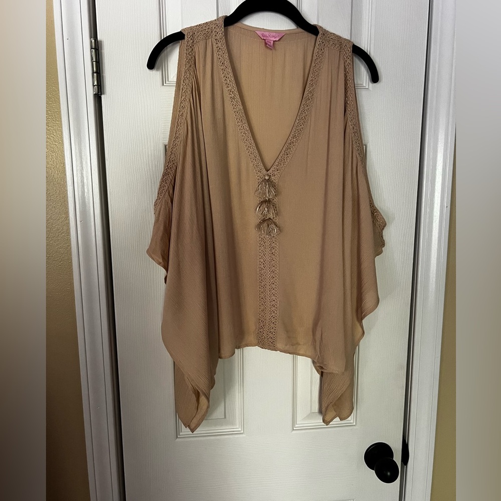 Lilly Pulitzer cold shoulder short sleeve blouse top cream gold s/m tassels